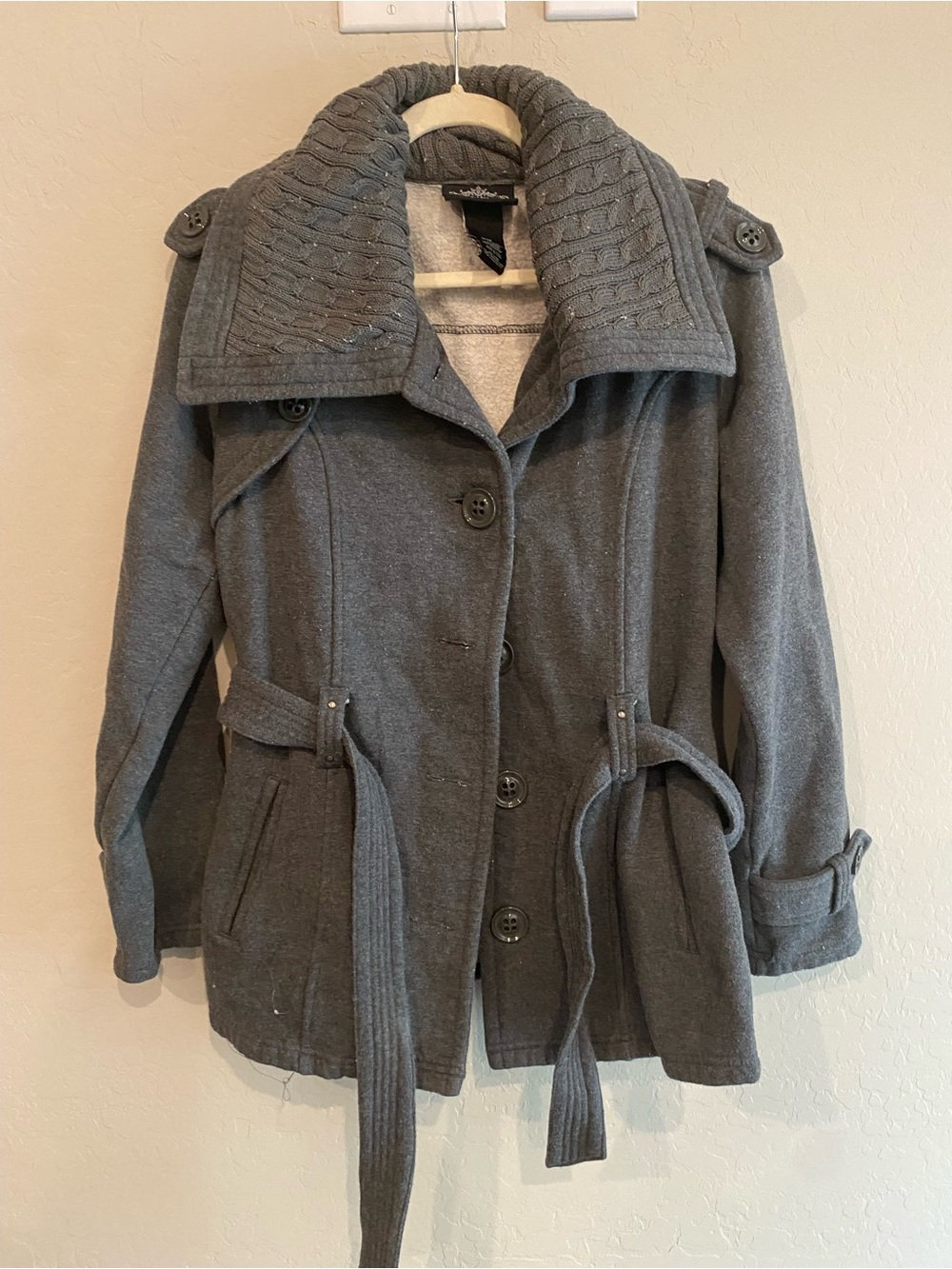 Sebby Charcoal Gray Belted Pea Coat with Quilted Collar